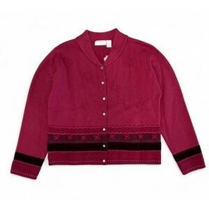 Vintage J. Jill 100% Wool Red Cardigan Sweater With Flower Details Size M NWT